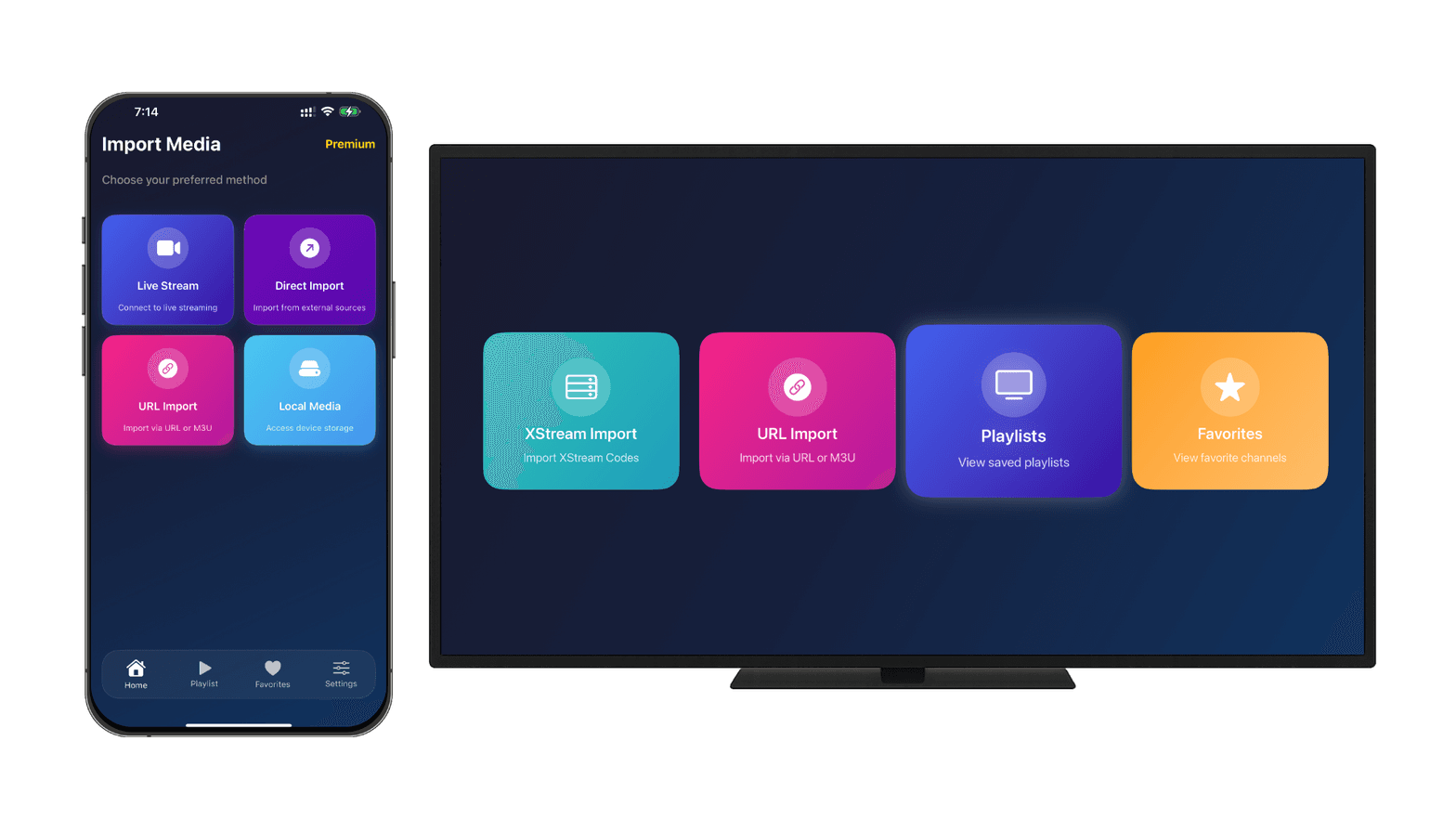 Smarters IPTV Pro app interface on mobile and TV
